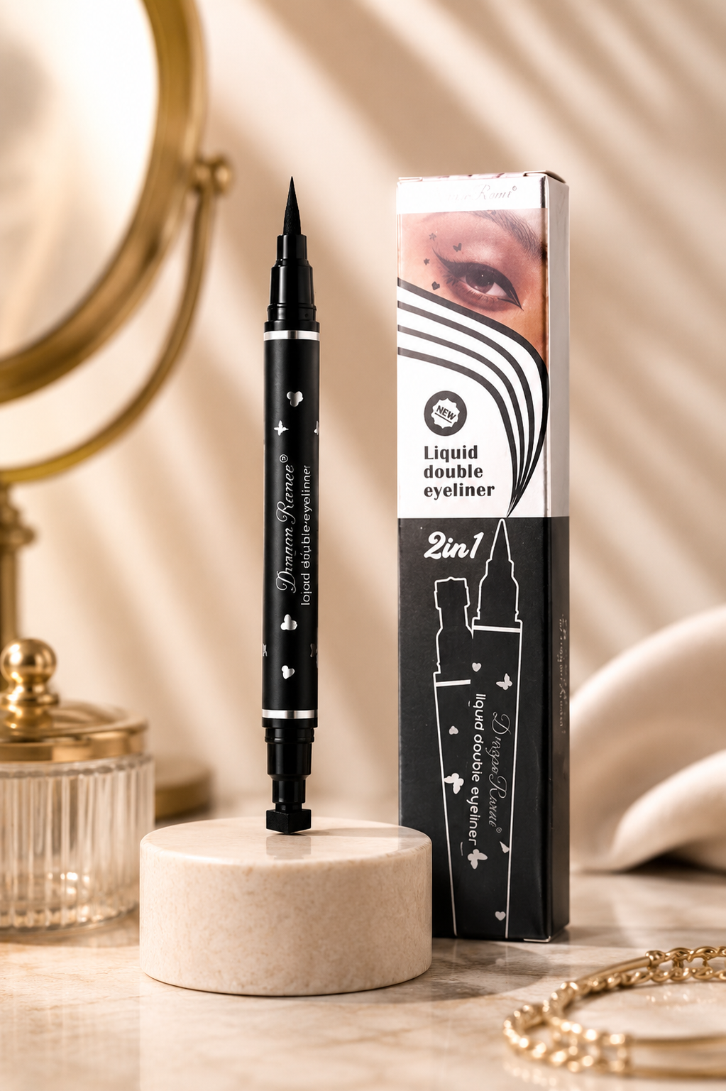 Winged Eyeliner Stamp creating a waterproof cat-eye makeup look.