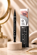Winged Eyeliner Stamp creating a waterproof cat-eye makeup look.