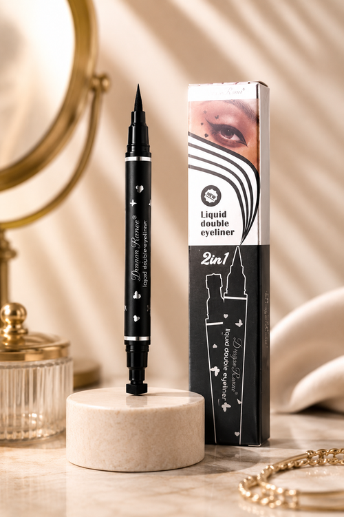 Winged Eyeliner Stamp creating a waterproof cat-eye makeup look.