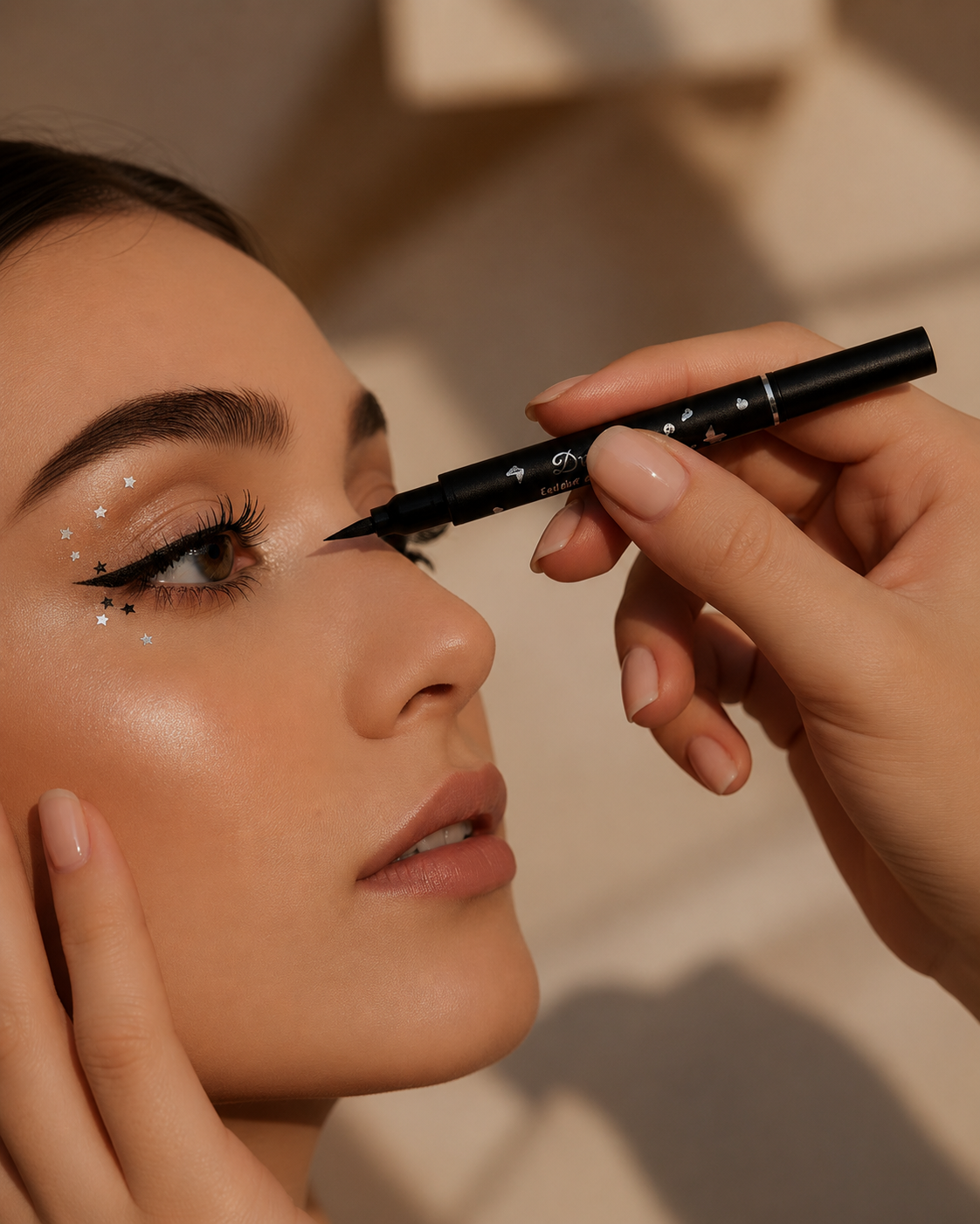 Model wearing Winged Eyeliner Stamp 2-in-1 with a symmetrical cat-eye look.