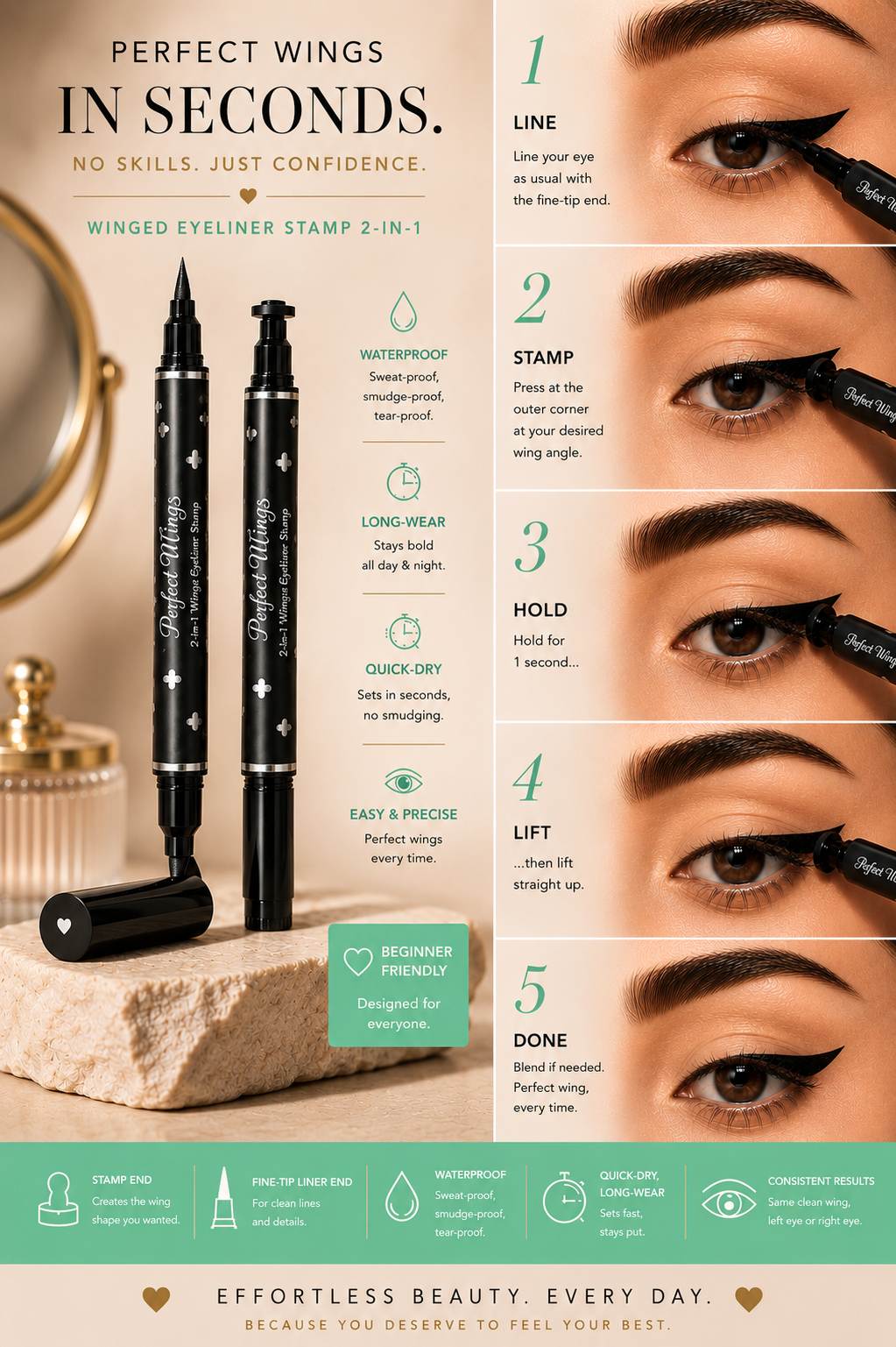 Winged Eyeliner Stamp creating a waterproof cat-eye makeup look.