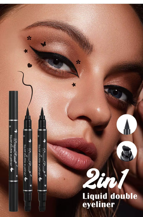 Model wearing Winged Eyeliner Stamp 2-in-1 with a symmetrical cat-eye look.